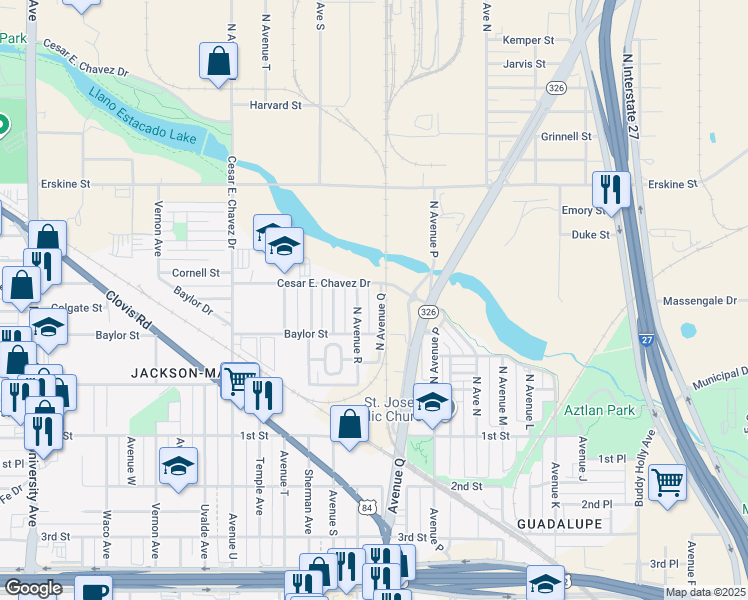 map of restaurants, bars, coffee shops, grocery stores, and more near 325 North Avenue Q in Lubbock