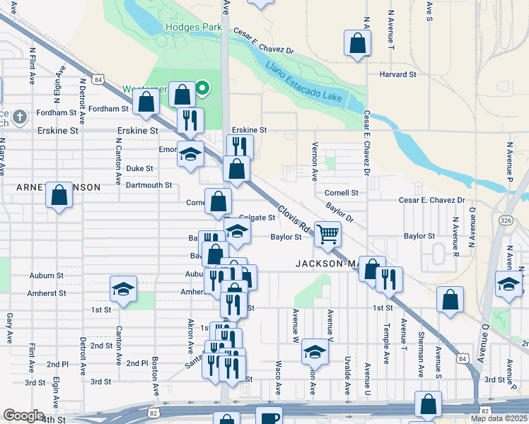 map of restaurants, bars, coffee shops, grocery stores, and more near 2322 Colgate Street in Lubbock