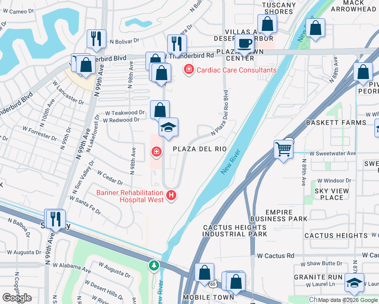 map of restaurants, bars, coffee shops, grocery stores, and more near 13084 North 91st Lane in Peoria