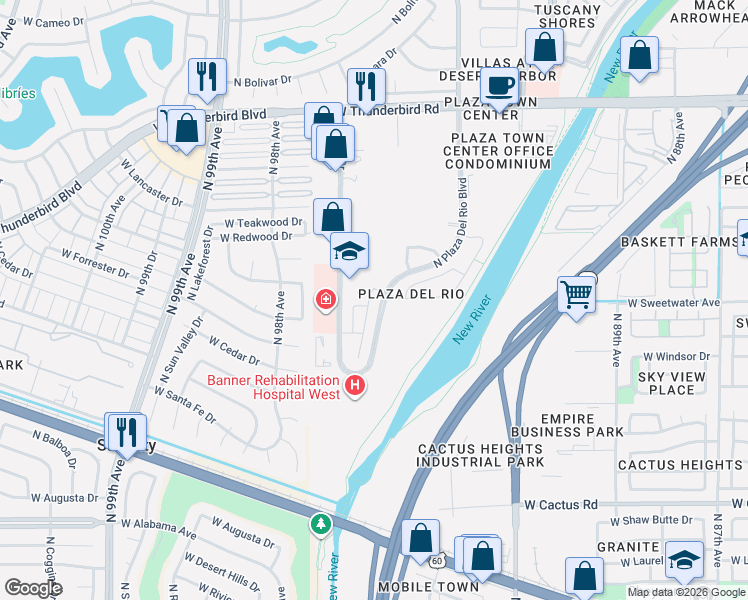 map of restaurants, bars, coffee shops, grocery stores, and more near 13045 North 93rd Drive in Peoria