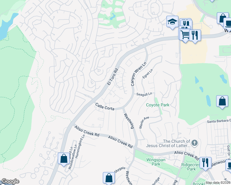 map of restaurants, bars, coffee shops, grocery stores, and more near 31 Waxwing Lane in Aliso Viejo