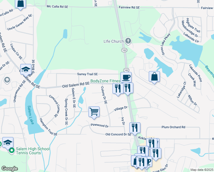 map of restaurants, bars, coffee shops, grocery stores, and more near 3333 Old Salem Road Southeast in Conyers