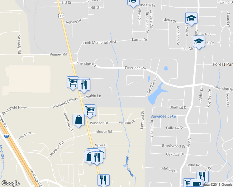 map of restaurants, bars, coffee shops, grocery stores, and more near 460 Cynthia Lane in Forest Park