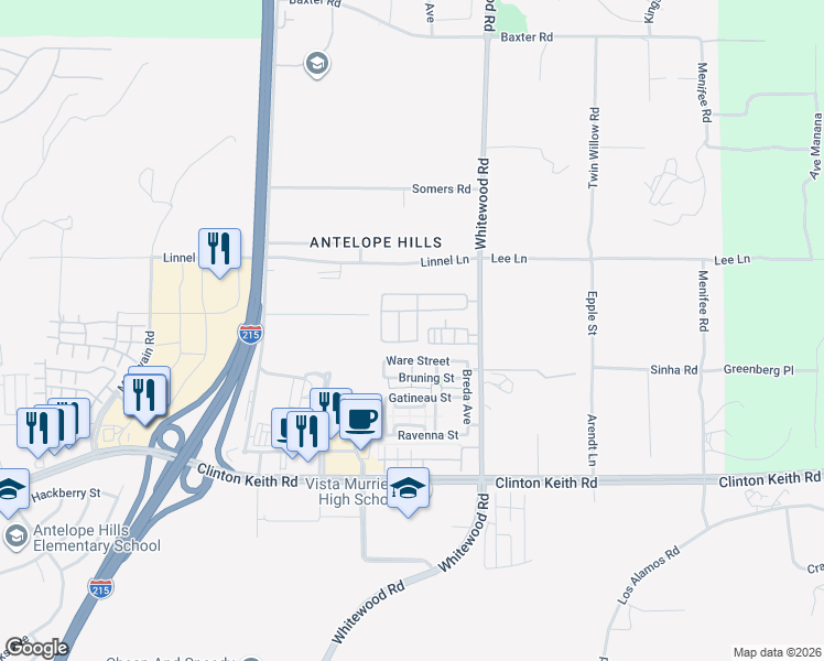 map of restaurants, bars, coffee shops, grocery stores, and more near 35733 Emily Avenue in Murrieta