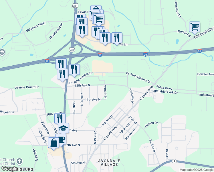 map of restaurants, bars, coffee shops, grocery stores, and more near 2816 12th Avenue North in Pell City
