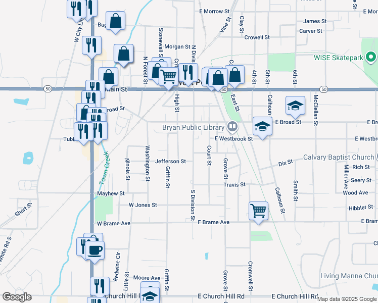 map of restaurants, bars, coffee shops, grocery stores, and more near 447 South Division Street in West Point