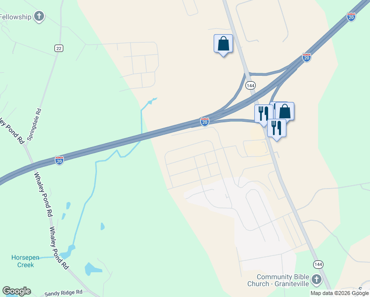 map of restaurants, bars, coffee shops, grocery stores, and more near Interstate 20 in Graniteville