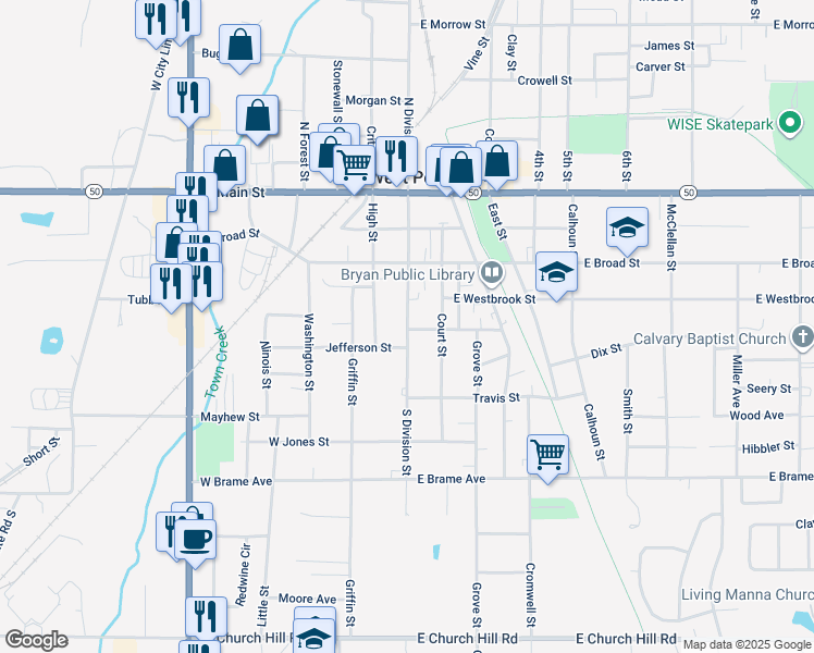 map of restaurants, bars, coffee shops, grocery stores, and more near 447 South Division Street in West Point