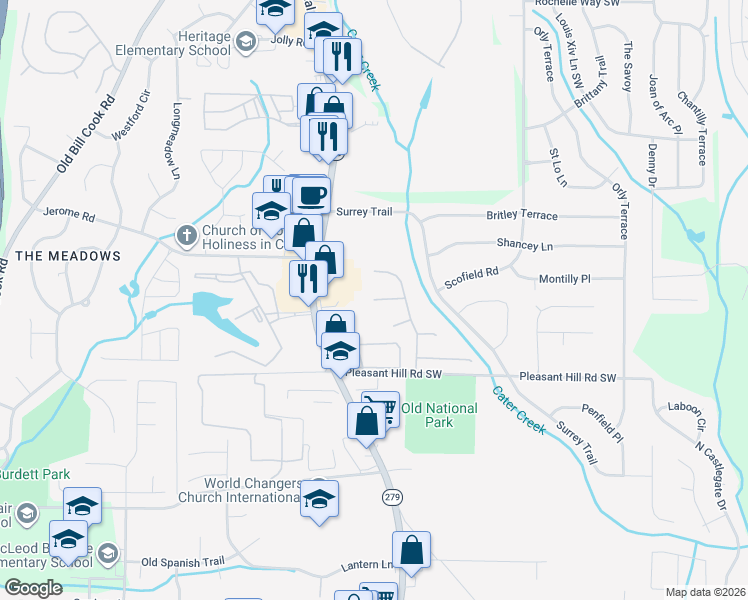 map of restaurants, bars, coffee shops, grocery stores, and more near 555 Willow Ash Drive in Atlanta