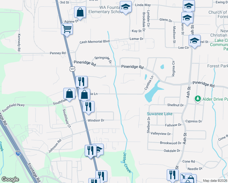 map of restaurants, bars, coffee shops, grocery stores, and more near 460 Cynthia Lane in Forest Park