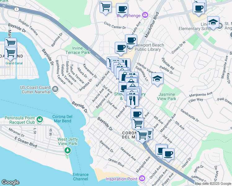 map of restaurants, bars, coffee shops, grocery stores, and more near 605 Carnation Avenue in Newport Beach