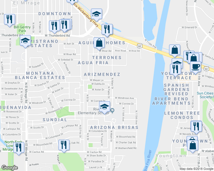 map of restaurants, bars, coffee shops, grocery stores, and more near 11761 West Dahlia Drive in El Mirage