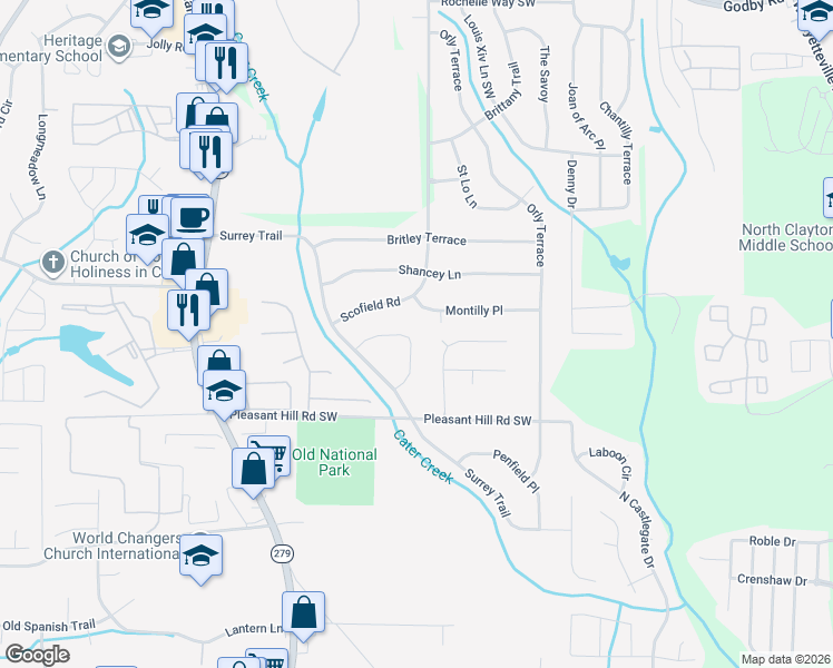 map of restaurants, bars, coffee shops, grocery stores, and more near 5690 Montilly Circle in College Park