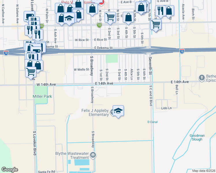 map of restaurants, bars, coffee shops, grocery stores, and more near 551 South 3rd Street in Blythe