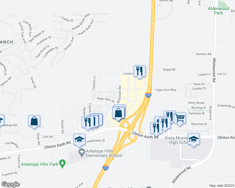 map of restaurants, bars, coffee shops, grocery stores, and more near 27737 Bluebell Court in Murrieta