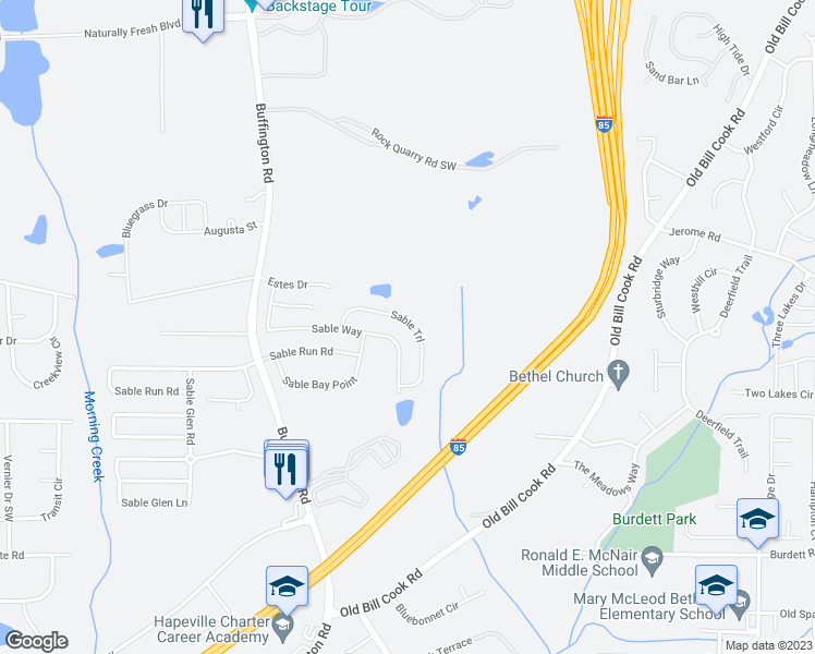 map of restaurants, bars, coffee shops, grocery stores, and more near 3120 Sable Tr in Atlanta