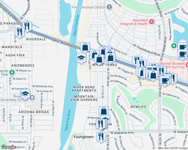 map of restaurants, bars, coffee shops, grocery stores, and more near 13021 North 113th Avenue in Youngtown