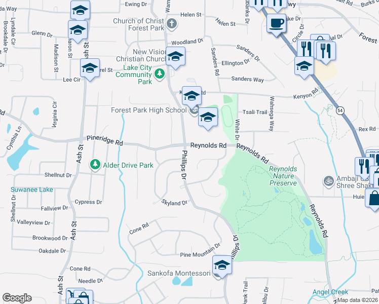map of restaurants, bars, coffee shops, grocery stores, and more near 5553 Phillips Drive in Forest Park