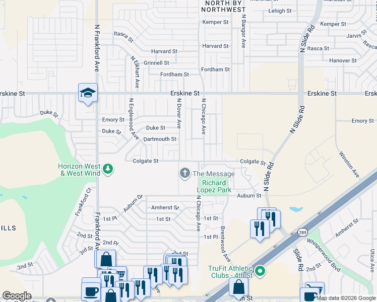 map of restaurants, bars, coffee shops, grocery stores, and more near 404 North Dover Avenue in Lubbock