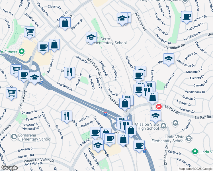 map of restaurants, bars, coffee shops, grocery stores, and more near 24742 Argus Drive in Mission Viejo