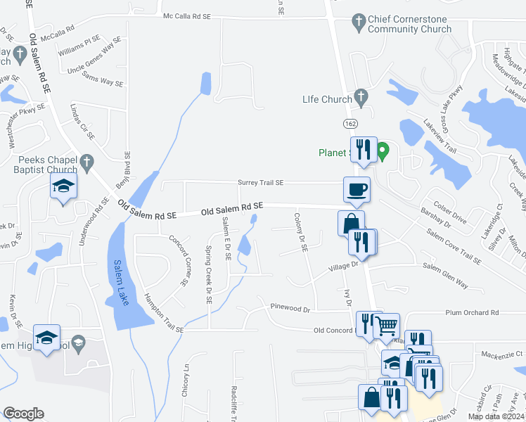 map of restaurants, bars, coffee shops, grocery stores, and more near 3319 Old Salem Road Southeast in Conyers