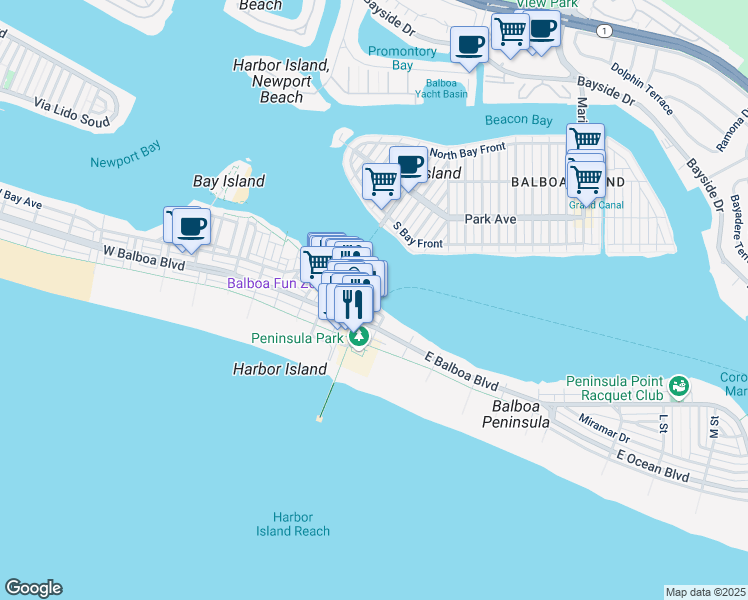 map of restaurants, bars, coffee shops, grocery stores, and more near 400 Main Street in Newport Beach