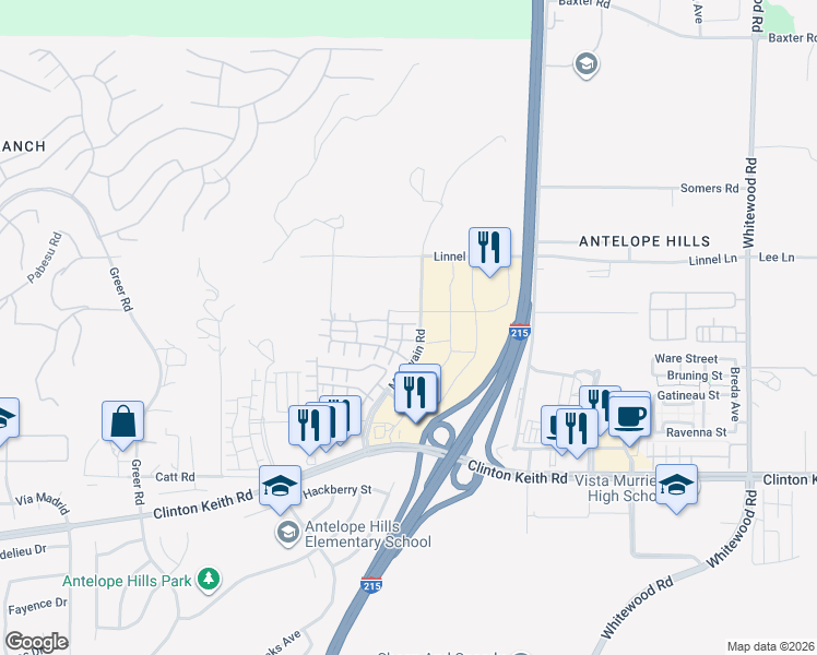map of restaurants, bars, coffee shops, grocery stores, and more near 27737 Bluebell Court in Murrieta