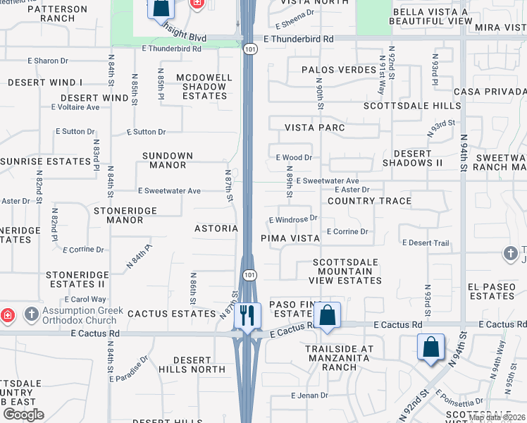 map of restaurants, bars, coffee shops, grocery stores, and more near 8807 East Dahlia Drive in Scottsdale
