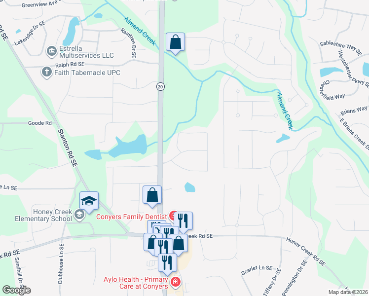 map of restaurants, bars, coffee shops, grocery stores, and more near 1014 Duke Drive Southeast in Conyers