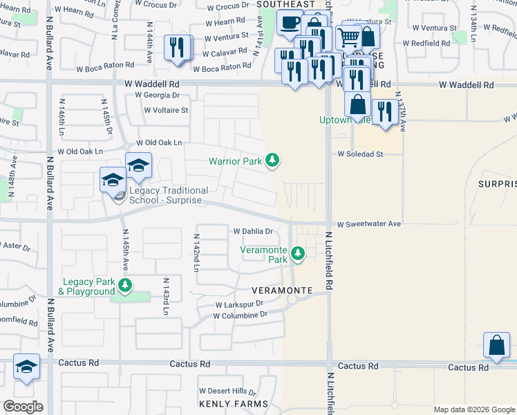 map of restaurants, bars, coffee shops, grocery stores, and more near 14097 West Valentine Street in Surprise