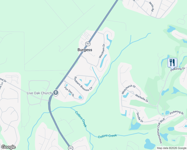 map of restaurants, bars, coffee shops, grocery stores, and more near 322 Southern Breezes Circle in Murrells Inlet