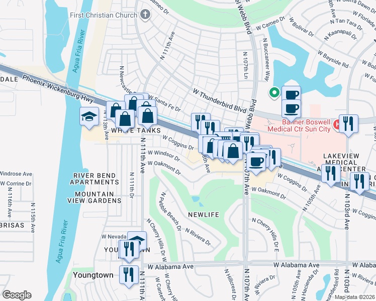 map of restaurants, bars, coffee shops, grocery stores, and more near 602 West Coggins Drive in Sun City