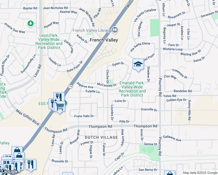 map of restaurants, bars, coffee shops, grocery stores, and more near 31579 McCartney Drive in Winchester