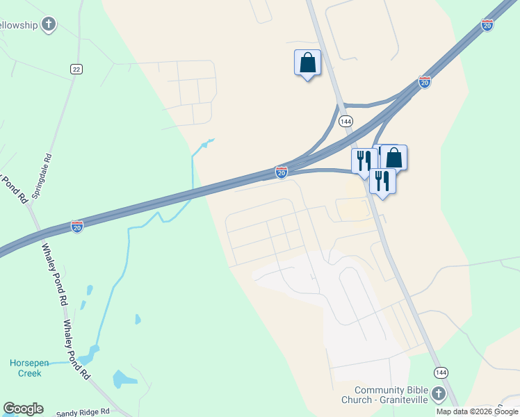 map of restaurants, bars, coffee shops, grocery stores, and more near Interstate 20 in Graniteville