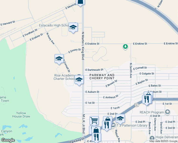 map of restaurants, bars, coffee shops, grocery stores, and more near 1714 E Dartmouth St in Lubbock