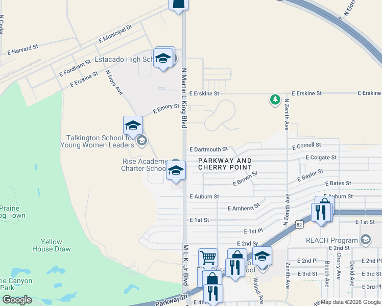 map of restaurants, bars, coffee shops, grocery stores, and more near 420 North Martin L King Boulevard in Lubbock
