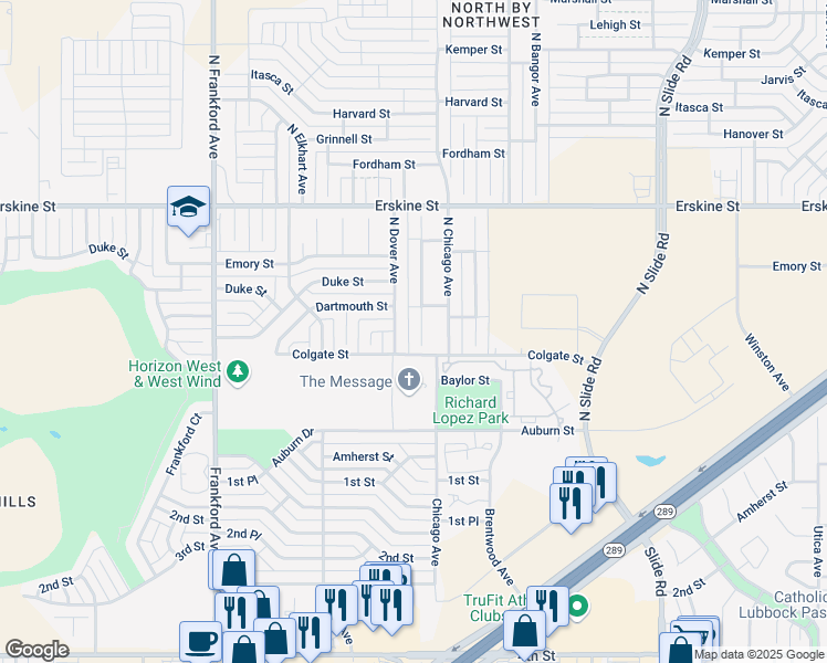 map of restaurants, bars, coffee shops, grocery stores, and more near 404 North Dover Avenue in Lubbock