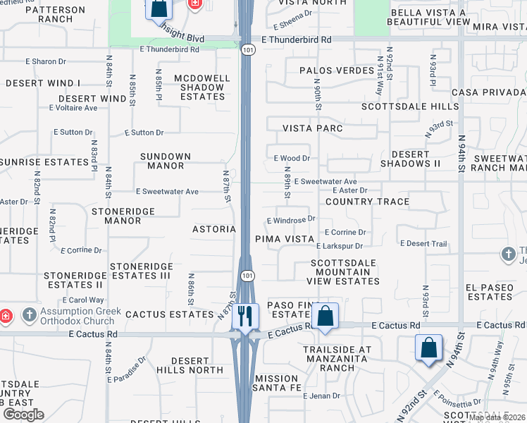 map of restaurants, bars, coffee shops, grocery stores, and more near 8807 East Dahlia Drive in Scottsdale