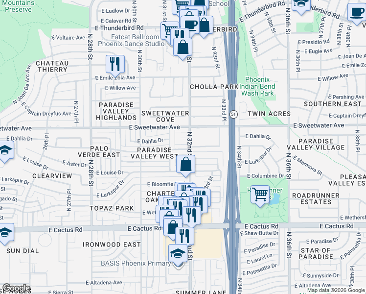 map of restaurants, bars, coffee shops, grocery stores, and more near 3117 East Dahlia Drive in Phoenix