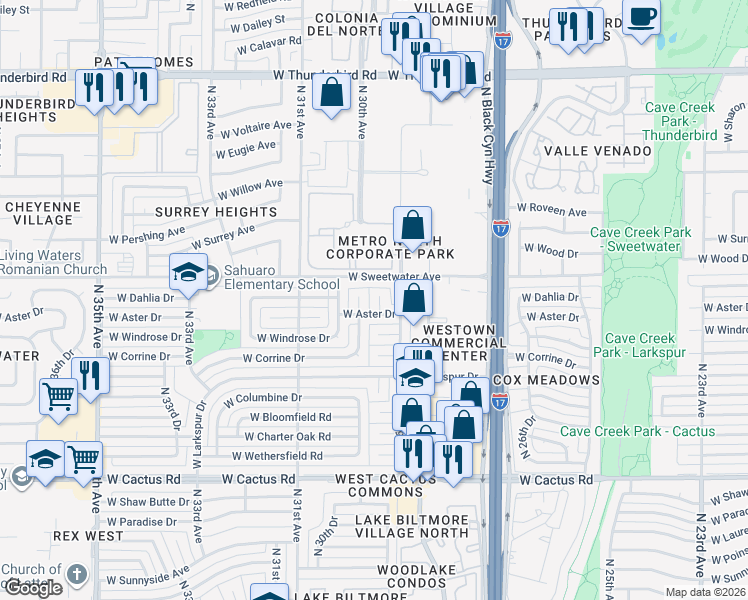 map of restaurants, bars, coffee shops, grocery stores, and more near 12820 North 29th Drive in Phoenix