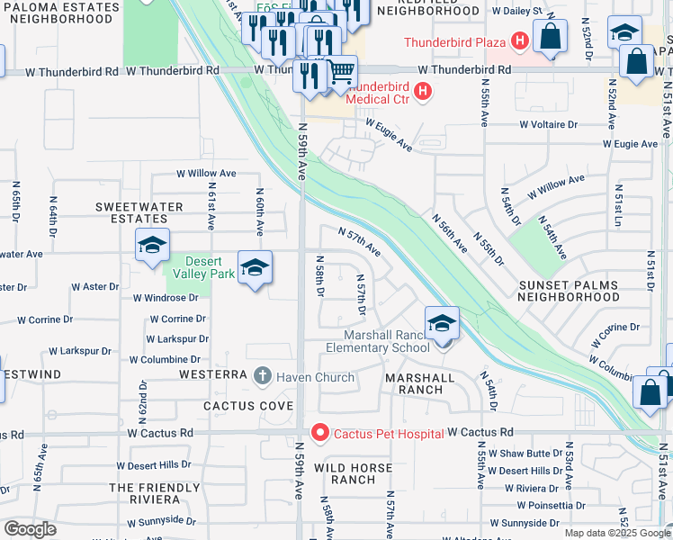 map of restaurants, bars, coffee shops, grocery stores, and more near 5823 West Aster Drive in Glendale