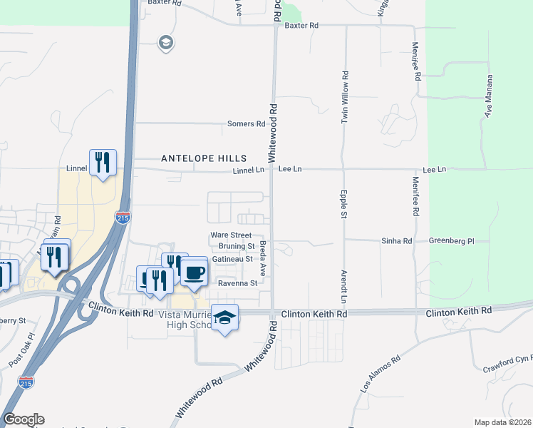 map of restaurants, bars, coffee shops, grocery stores, and more near 28459 Crosby Street in Murrieta