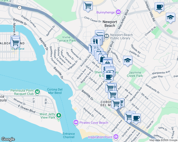 map of restaurants, bars, coffee shops, grocery stores, and more near 601 Begonia Avenue in Newport Beach