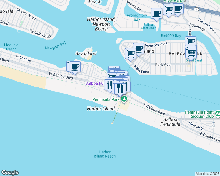 map of restaurants, bars, coffee shops, grocery stores, and more near 204 Adams Street in Newport Beach