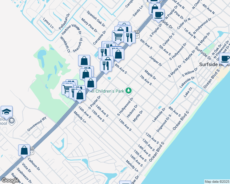 map of restaurants, bars, coffee shops, grocery stores, and more near 1009 Bay Drive in Surfside Beach
