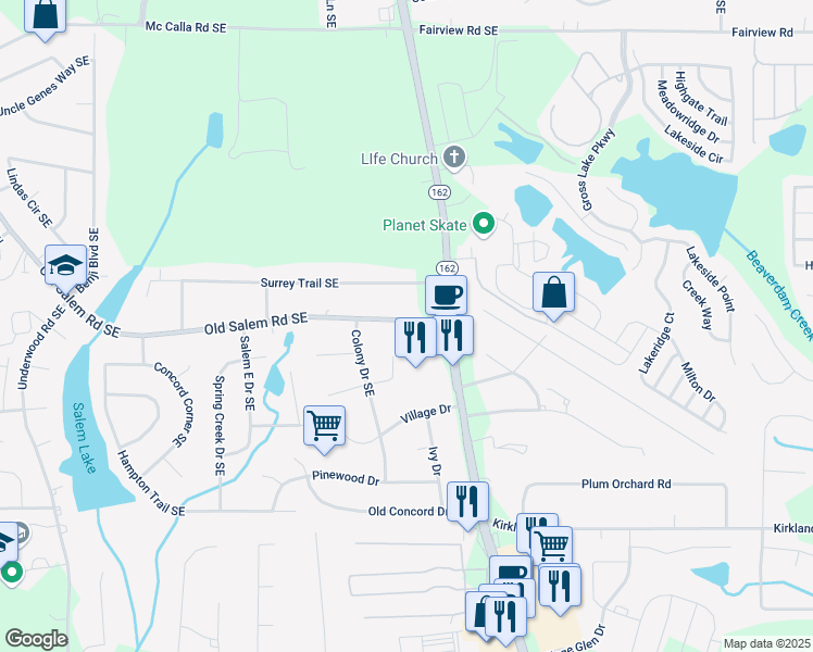 map of restaurants, bars, coffee shops, grocery stores, and more near 3281 Old Salem Road Southeast in Conyers