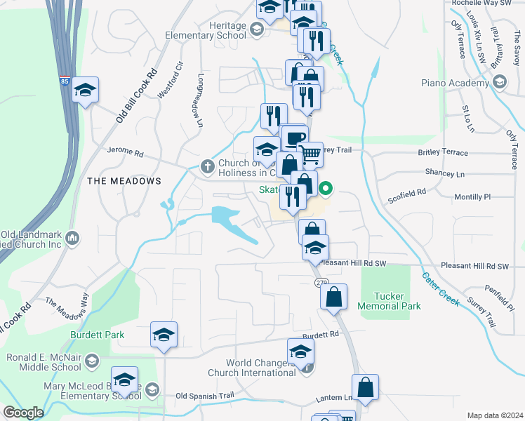 map of restaurants, bars, coffee shops, grocery stores, and more near 116 Camelot Drive in College Park
