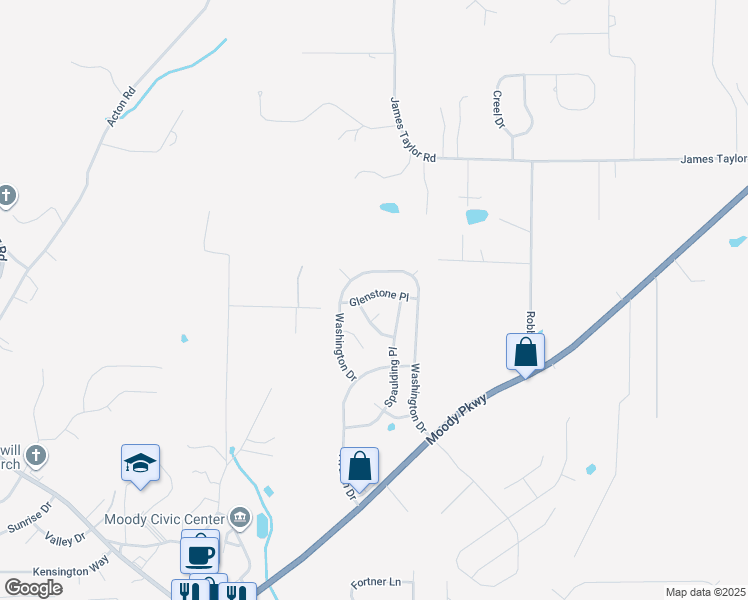map of restaurants, bars, coffee shops, grocery stores, and more near 1233 Glenstone Pl in Moody