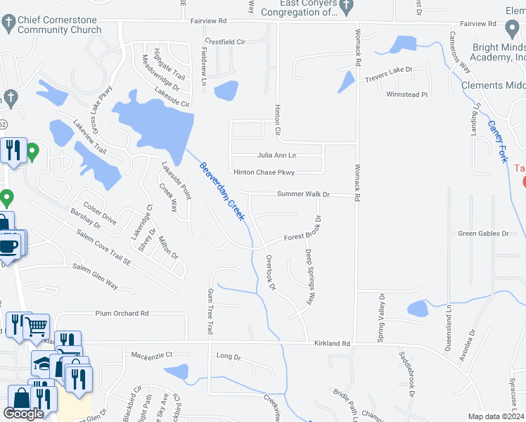 map of restaurants, bars, coffee shops, grocery stores, and more near 25 Summer Walk Court in Covington