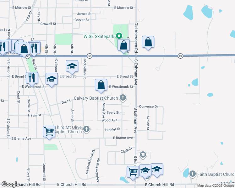 map of restaurants, bars, coffee shops, grocery stores, and more near 419 McCord Street in West Point